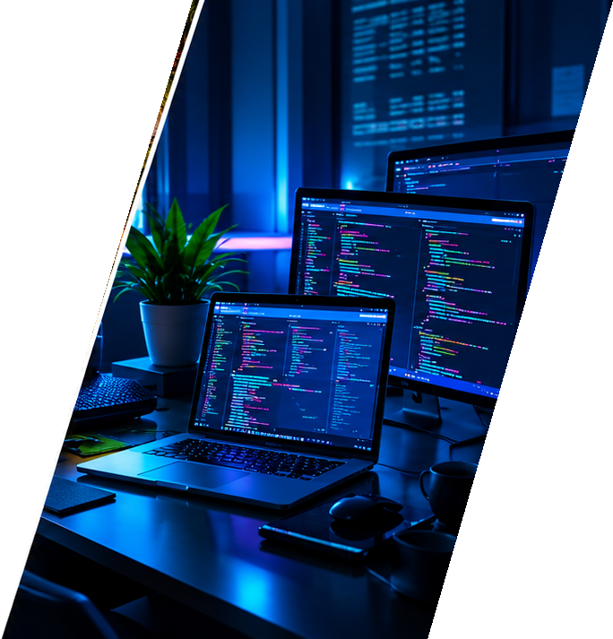 Modern developer workspace with code on multiple screens